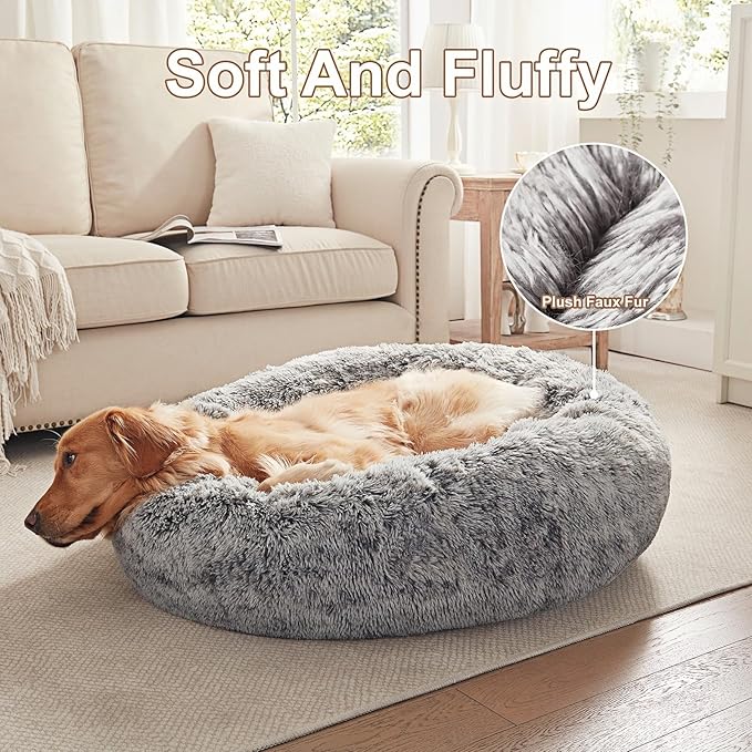 36 inches Donut Dog Bed for Large Dogs - Calming Fluffy Round Pet Bed with Removable & Washable Cover,Fits up to 100 lbs Pets (Dark Grey,Large)