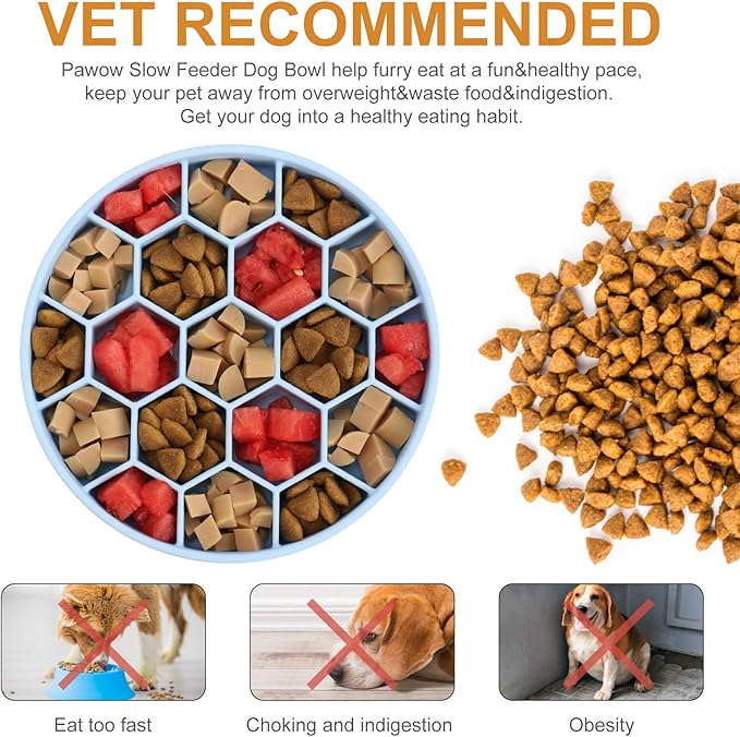 Pawow Slow Feeder Dog Bowls, Silicone Dog Bowl with Suction Cups, Non-Slip Pet Slow Feeder for Small Medium Large Breed, Anti Gulping&Dishwasher Safe, Reduces Boredom Pet Feeding Bowl(Blue)