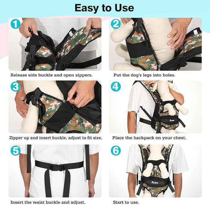 Pawaboo Pet Dog Front Carrier Backpacks, Legs Out Pet Carrier Backpack for Dogs, Adjustable Easy-fit Dog Chest Carriers for Small Medium Dogs Hands Free for Travel Hiking Cycling Camping, M, Camo