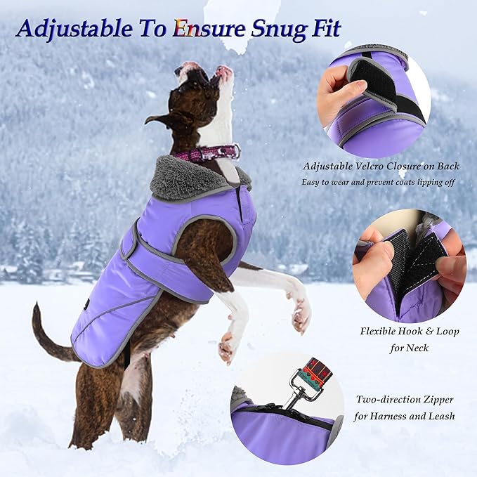 Dogcheer Dog Coat, Christmas Dog Jacket Waterproof Puppy Winter Coat for Cold Weather, Reflective Pet Snow Jacket Warm Turtleneck Fleece Sweater for Small Medium Large Dogs - Taro Purple, XL