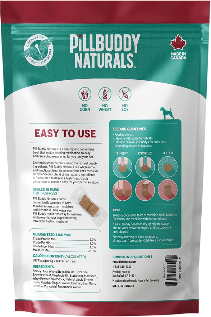 Presidio Pill Buddy Naturals - Beef Recipe Pill Hiding Treats for Dogs - Make A Perfect Pill Concealing Pocket Or Pouch for Any Size Medication - 90 Servings