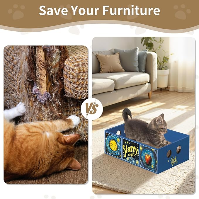 Heavy Duty Cardboard Cat Scratcher Box, Cat Bed with Double-Sided Cardboard Scratch Pad, Interactive Hole Design, Scratch Lounge Bed Suitable for Cats to Rest(Star Pattern)