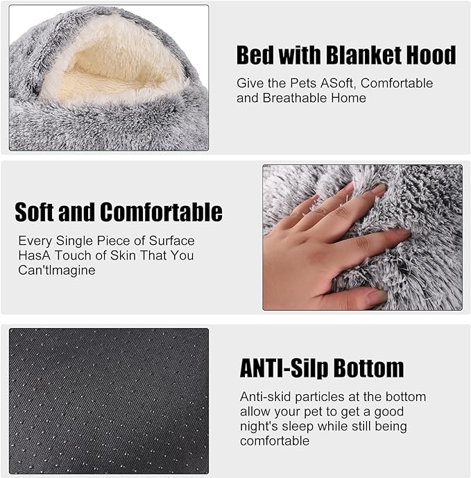 HYQ Small Dog Bed, Cat Beds for Indoor Cats Washable, Cozy Cat Cave Bed, Non-Slip Cat Beds, Calming Dog Bed with Hooded Cover, Dog Bed with Cover for Extra Small Pets (Grey, 16×16 Inch)