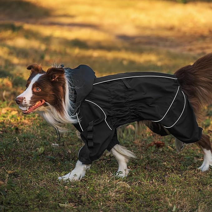 OneTigris Dog Raincoat with Hood for Medium Large Dogs, Waterproof & Reflective, 4 Legs Dog Rain Jacket Adjustable Puppy Poncho for The Rain and Snow (Black, Large)