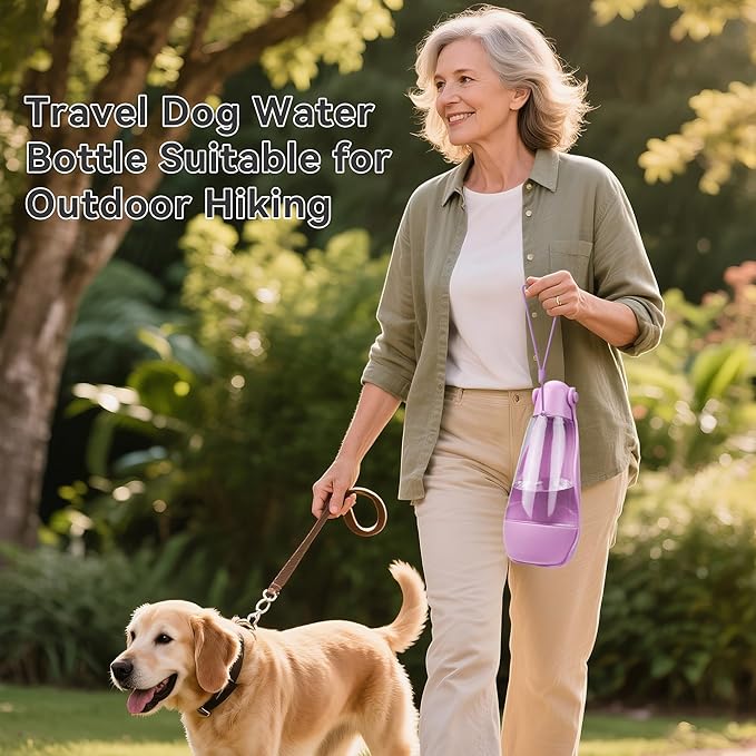 UPSKY Dog Water Bottle | Portable & Foldable Dog Water Bottle | 3-in-1 Portable Pet Water Dispenser with Food Container & Poop Scooper for Outdoor Walking, Hiking & Travel,14.2oz(Pink)