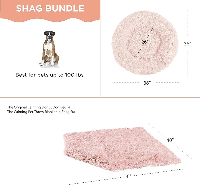 Best Friends by Sheri Bundle Set The Original Calming Shag Donut Cuddler Cat and Dog Bed + Pet Throw Blanket Cotton Candy Pink Large 36" x 36"
