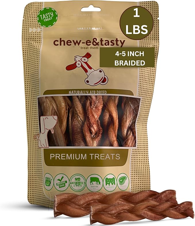 chew-e&tasty Braided 4-5" Bully Sticks Odor Free Long Lasting 100% Beef Chews- Made & Packaged at Food-Grade Facility - High Protein Low Fat Dental Treats