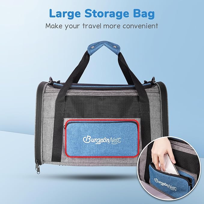BurgeonNest Cat Carrier, Airline Approved Dog Carrier, Soft Sided Cat Pet Carrier for Small Medium Cats Dogs Under 20 lbs with Side Bag, Collapsible Travel Kitten Puppy Carriers, Blue