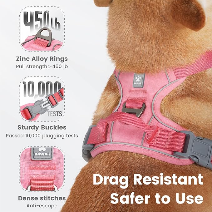 Pawaii No Pull Dog Harness with Pet ID Tag,Reflective Strips No Choke Front O Ring Breathable Mesh Adjustable Soft Padded Pet Vest with Easy Control Handle for Large Dogs