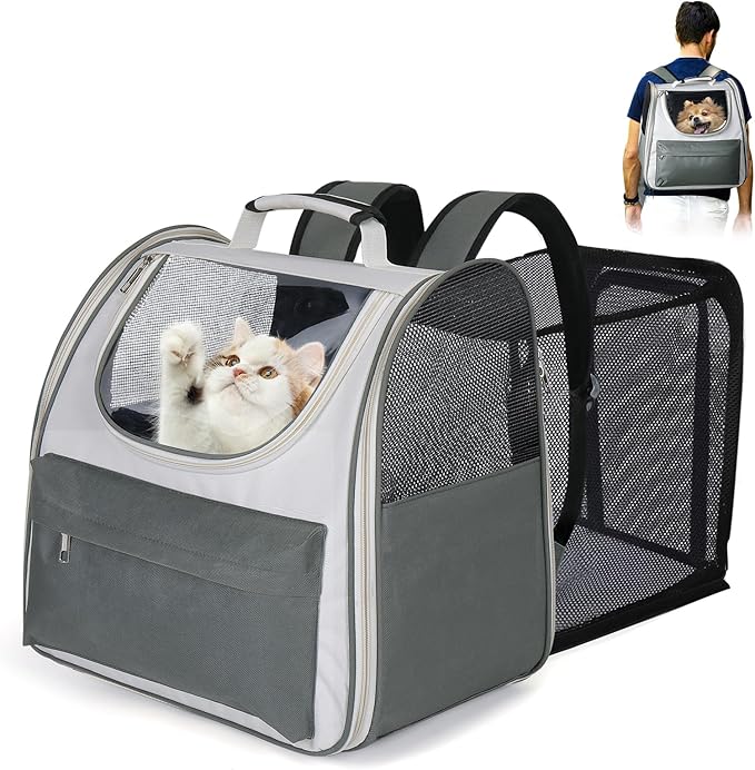 Large Cat Backpack Carrier, Expandable Roomy Pet Carrier Backpack for Medium Cat/Small Dog Puppy Under 18lbs, Breathable Foldable Dog Backpack Travel Airline Approved for Camping Outdoor, Gray