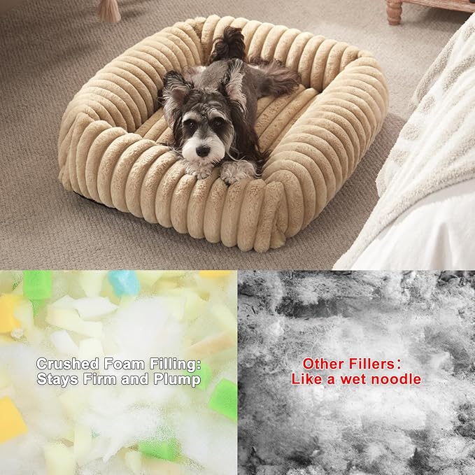 Dog Beds Medium Sized Dog, Washable Orthopedic Pet Bed with Removable Cover, Rectangle Soft Calming Sleeping Puppy Bed Durable Pet Cuddler with Anti-Slip Bottom, 30"x24"x8" Beige