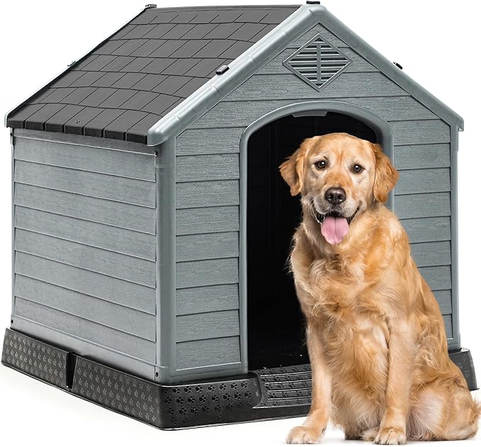 YITAHOME Large Plastic Dog House Outdoor Indoor Doghouse Puppy Shelter Water Resistant Easy Assembly Sturdy Dog Kennel with Air Vents and Elevated Floor