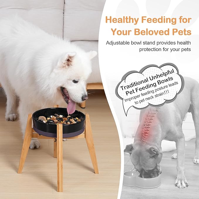 Sted Locking Elevated Dog Bowl Stand for Large Dogs, Adjustable Width 6.5-8.5 Inches Raised Dog Bowl Stand, 8.5" Tall Dog Food Bowl Holder, Bamboo Dog Slow Feeder Stand