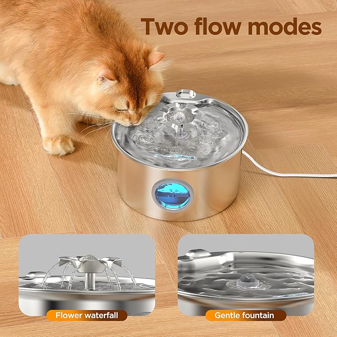 Cat Water Fountain Stainless Steel: 88oz/2.6L Pet Drinking Fountains with 6 Filters Water Bowl for Cats Inside with Flower Kitty Spout Dog Dispenser Animal Watering Supplies - Water Level Window