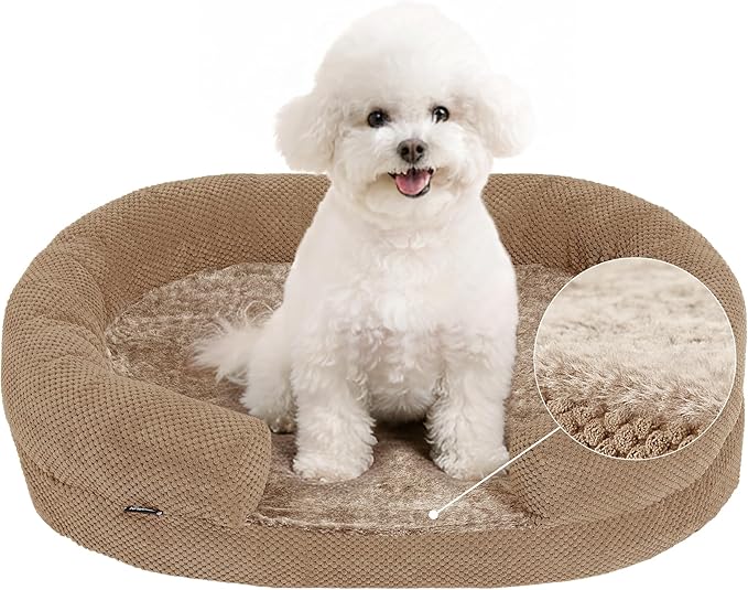 Plush Orthopedic Pet Bed for Small Dogs & Cats, 28" Oval Dog Sofa with Supportive Egg Crate Foam, Washable Removable Cover & Non-Slip Bottom, Bolstered Sides for Comfort, Camel (28")