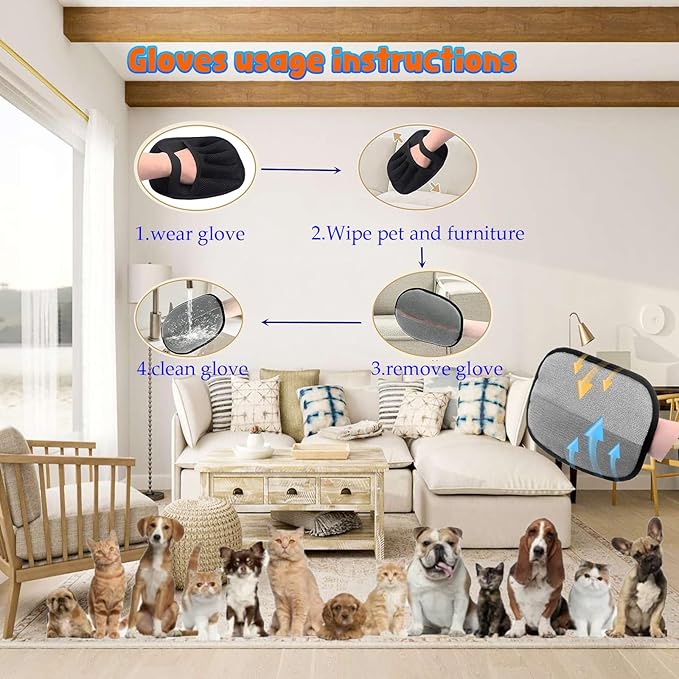 Blue Pet Hair Removal Glove for Dogs & Cats,The Magic Brush Pet Hair Remover,Five-Finger Electrostatic Pet Hair Gloves for Furniture,Car,Couch,Carpet,Essential Pet Supplies