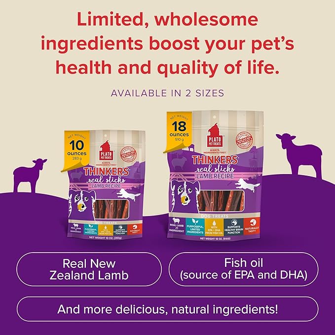 Plato Pet Treats Thinkers - Meat Sticks for Dogs - Limited Ingredient Treats with EPA and DHA to Support Skin, Coat, and Brain - Air-Dried - Lamb 10oz