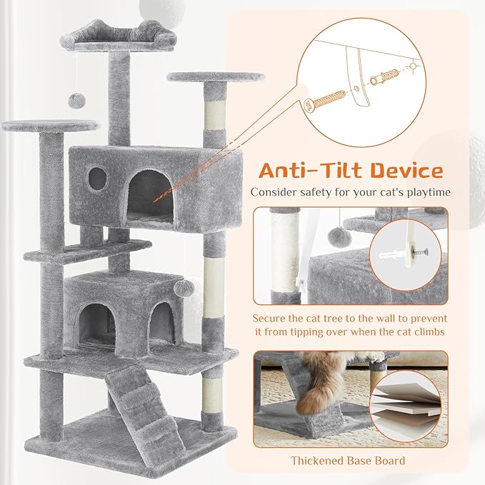 Sweetcrispy 54 Inch Cat Tree Tower, Multi-Level with Cat Scratching Post, Indoor Cat Condo with Climbing Ladder, Plush Toy, Play House for Cat, Light Grey