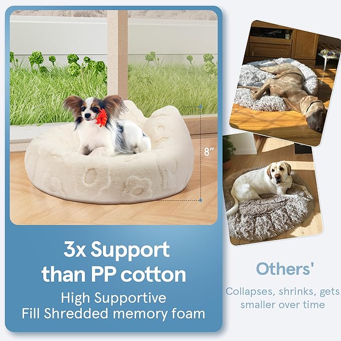 Round Dog Bed for Small Dogs & Cats -Washable Dount Cute Cat Bed for Indoor Cats, Orthopedic Sherpa Fleece Soft Cozy Calming Pet Bed with Removable Zipper Cover (White, (23x23x8inches))