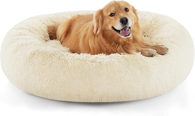 Bedsure Calming Dog Bed for Extra Large Dogs - Donut Washable Large Pet Bed, Anti-Slip Round Fluffy Plush Faux Fur Dog Bed, Fits up to 120 lbs Pets, Cream, 45 inches