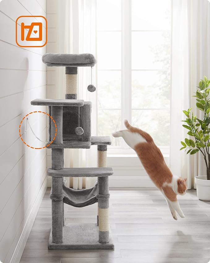 Feandrea Cat Tree, 56.3-Inch Cat Tower for Indoor Cats, Multi-Level Cat Condo with 4 Scratching Posts, 2 Perches, Hammock, Cave, Light Gray UPCT161W01
