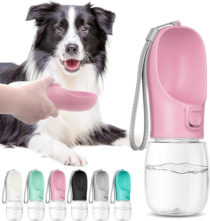 Portable Dog Water Bottle with Bowl, Leak Proof, Convenient for Walking, Hiking and Camping (Pink, 12oz)