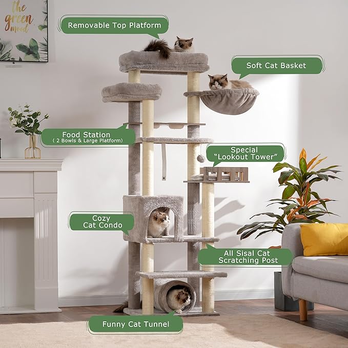 Cat Tree with Tunnel, Cat Tower for Indoor Cats, Tall Cat Tree Tower with Cat Condo, Food Station, Large Platform, Scratching Posts, Hammock, Light Gray GCT021W