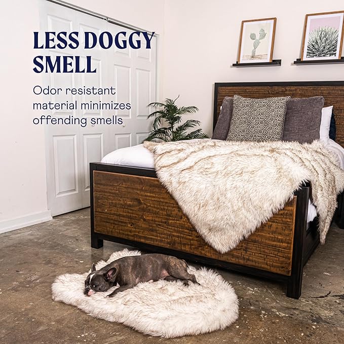 PupRug Orthopedic Dog Bed for Large Dogs with Fluffy Soft Faux Fur and Memory Foam for Joint Pain Relief, Machine Washable and Waterproof Couch Bed, White with Brown Accents, Medium