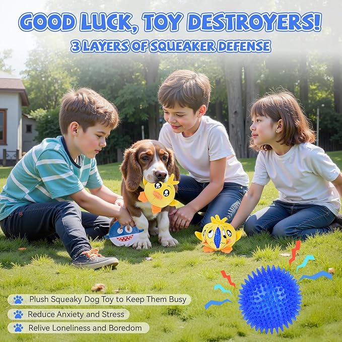 Squeaky Dog Toys for Aggressive Chewers(3in1), Interactive Durable Ball Chew Toys with Crinkle Paper & Tearable Plush, Puppy Teething Toys for Large, Medium & Small Dogs to Keep Them Busy(2Pack)