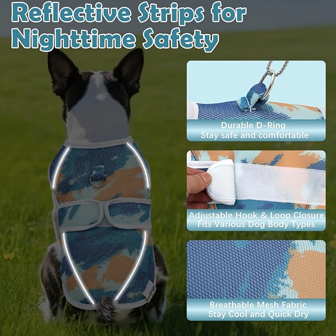 Dog Cooling Vest – Lightweight Pet Cooling Shirt 3D Breathable Mesh, Reflective Strips & UV Protection for Walking, Hiking, Park – Adjustable Fit Dog Cooler Jacket with D-Ring U-DCV02M