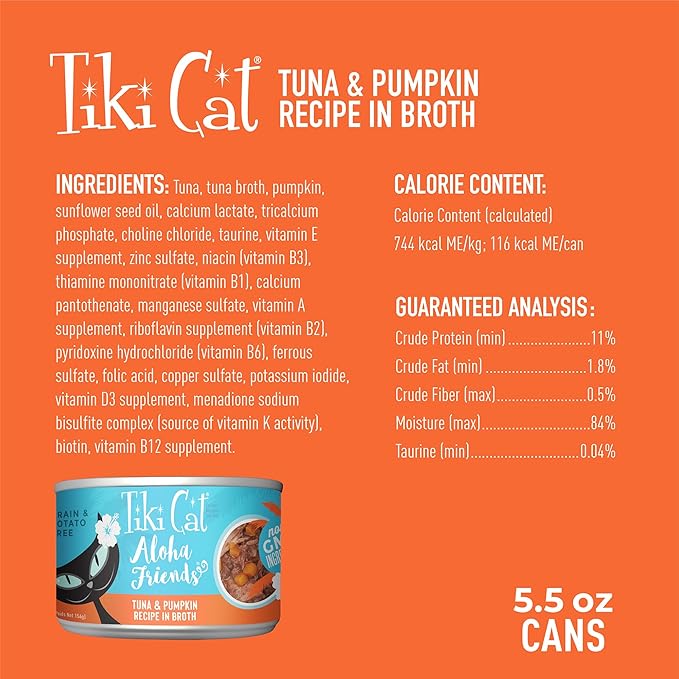 Tiki Cat Aloha Friends, Tuna & Pumpkin, Grain-Free & High Moisture, Wet Cat Food for All Life Stages 5.5 oz. Cans (Pack of 8)