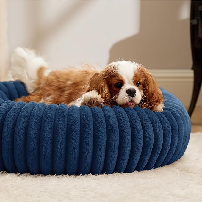 Bedsure Donut Medium Dog Bed - Washable Faux Fur with Corduroy Fleece & Anti Slip Bottom, Round Pet Beds with Removable Cover, Night Blue, 30x30x8 inches
