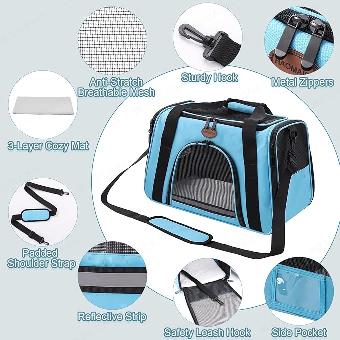 Cat Carrier Dog Carrier Pet Carriers for Medium Small Cats Dogs Puppies up to 15 Lbs,TSA Airline Approved Small Dog Cat Carriers Soft Sided,Collapsible Travel Puppy Carrier (Blue, Medium)
