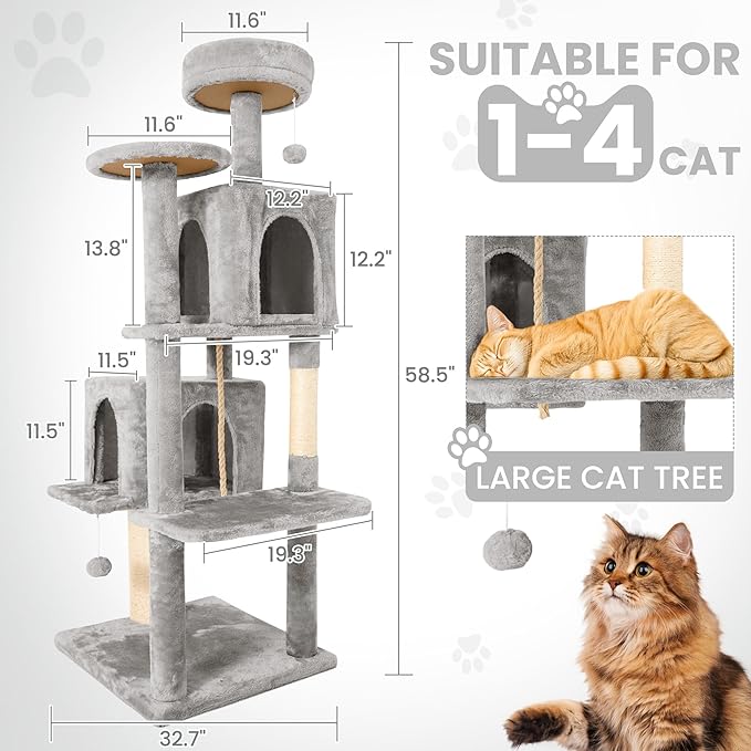 58.5inch Large Cat Tree Tower Condo for Indoor Cats, Soft Plush Multi-Level Climbing Tree Cat House, Scratching Post, More Entrance/Exit, Sisal Rope, Light Grey