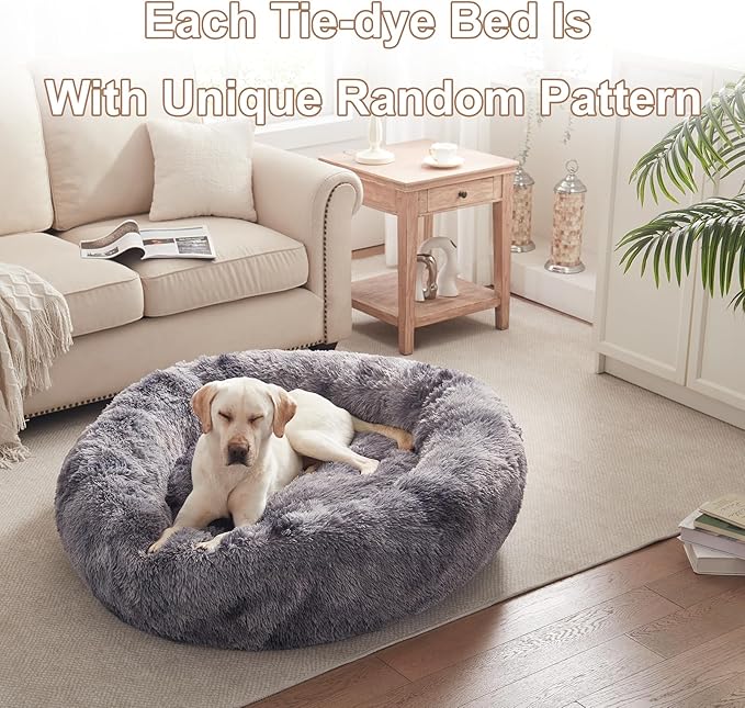 45 inches Donut Dog Bed for Extra Large Dogs,Calming Fluffy Round Jumbo Pet Bed with Removable & Washable Cover, Fits up to 150 lbs Pets (Tie-dye Grey,XL)
