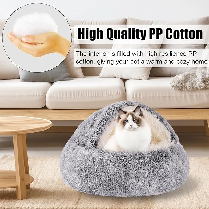 HYQ Small Dog Bed, Cat Beds for Indoor Cats Washable, Cozy Cat Cave Bed, Non-Slip Cat Beds, Calming Dog Bed with Hooded Cover, Dog Bed with Cover for Extra Small Pets (Grey, 16×16 Inch)