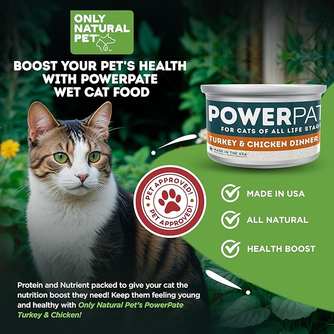Only Natural Pet PowerPate Grain-Free Turkey & Chicken Dinner Wet Cat Food - High Protein, Healthy Balanced Nutrition for Kittens & Cats of All Life Stages, 2.75 oz Cans, Case of 12 (T)