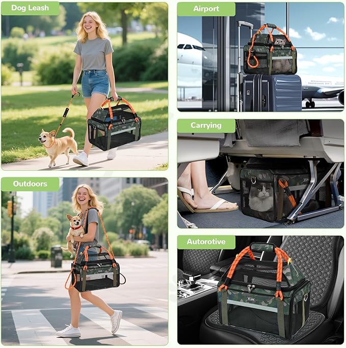 Lekereise Top Expandable Pet Carrier TSA Airline Approved Soft Sided Underseat Up to 15lbs Travel Carriers for Small Cats and Dogs with Convertable Dog Leash and Anti-Scratch Mesh