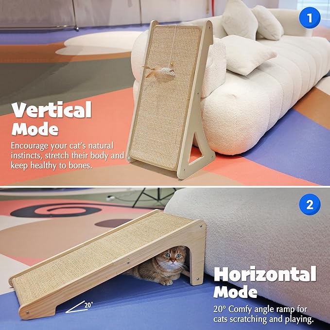 PETKARAY Cat Scratcher, Sisal Cat Scratching Ramp, L Shape Scratch Pad for Indoor Kitty, 27" Wall Furniture Protector with Mouse Toy