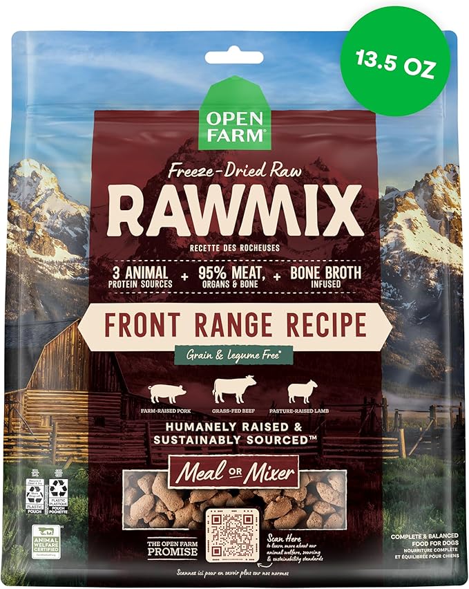 Open Farm, RawMix Freeze Dried Raw Morsels, Dog Food Topper & Meal Mixer, High Protein & Bone Broth Infused with 95% Real Meat, Organs & Bones, Front Range Recipe with Beef, Pork & Lamb, 13.5oz Bag