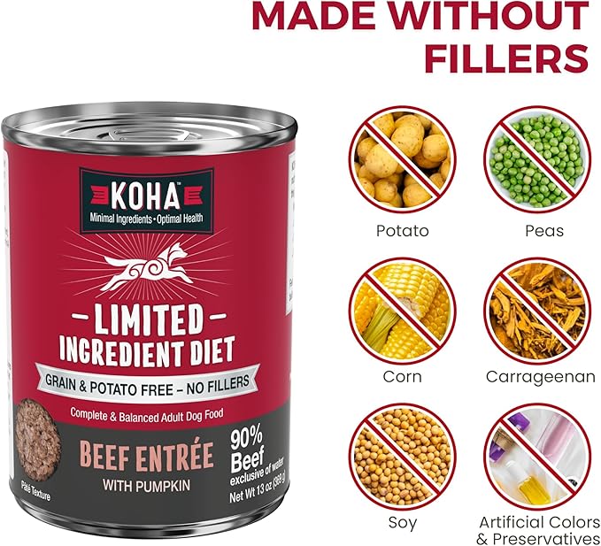 KOHA Limited Ingredient Diet Beef Entrée for Dogs - Grain Free Wet Dog Food with No Fillers - Sensitive Stomach Beef Dog Food 13 oz Pack of 12