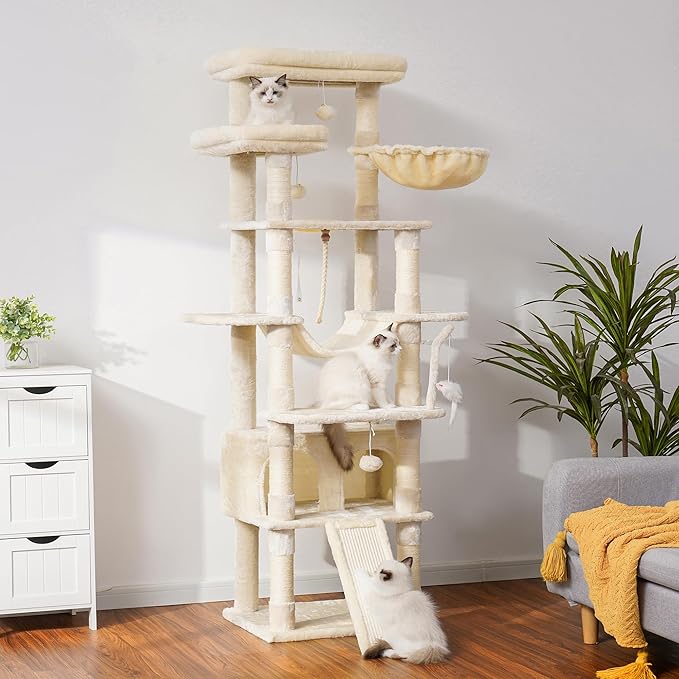Heybly Tall Cat Tree, 78-inch Multi-Level Cat Tower for Indoor Cats, 2 Widened Plush Perches Cat Condo with Scratching Board and Big Caves, Beige HCT033M