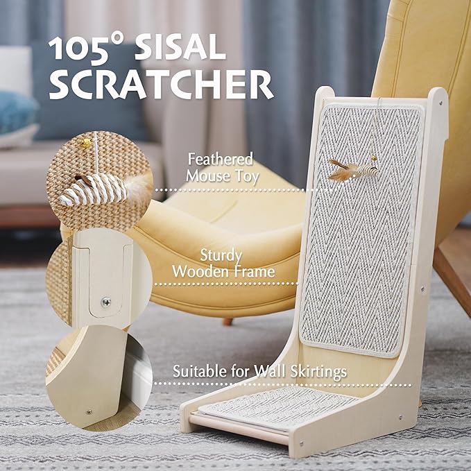 PETKARAY 105° Cat Scratcher, Sisal Kitty Scratch Pad, L Shape Scratching Board for Indoor Cats, Floor Mounted Scratcher with Mouse Toy Catnip, Chevron Style