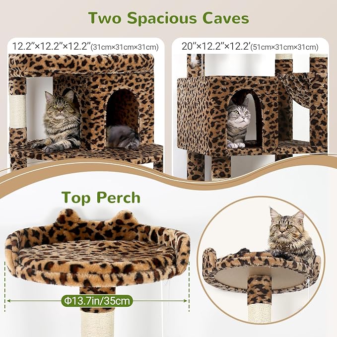 Globlazer Heavy Duty Cat Trees for Large Cats, Sturdy 72in Maine Coon Cat Tree for Large Cat 20 lbs+ Heavy Duty Cat Tower for Adult Biggest Cats with 6 Scratching Posts, Hammock, S72, Leopard Print