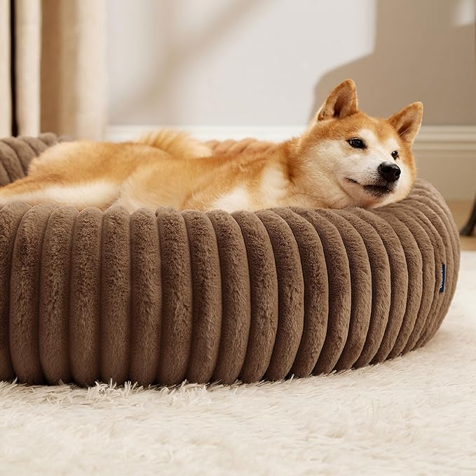Bedsure Donut Large Dog Bed - Washable Faux Fur Dog Beds Large Sized Dog with Corduroy Fleece & Anti Slip Bottom, Round Pet Beds with Removable Cover, Copper Brown, 36x36x10 inches