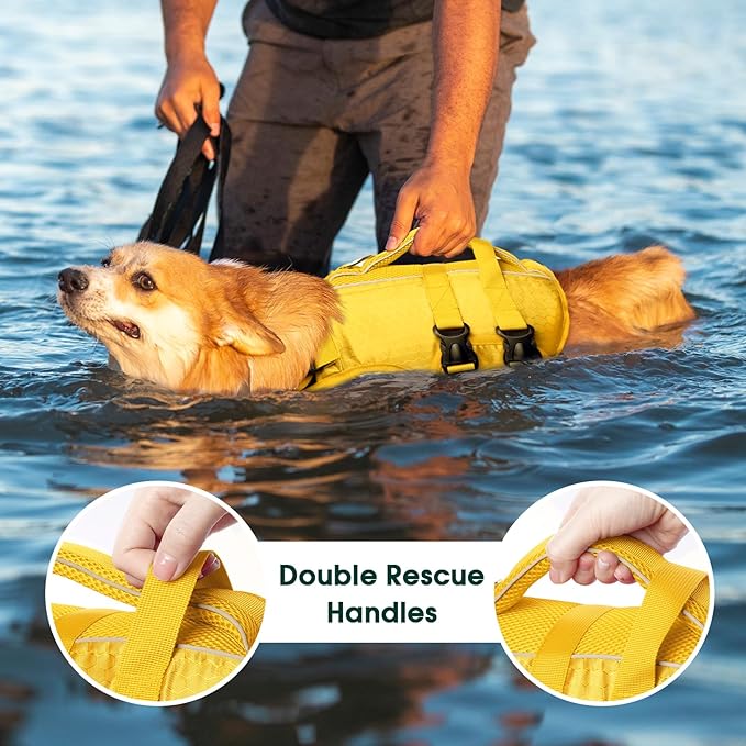 Kuoser Dog Life Jacket High Flotation, Reflective Dogs Life Vest for Swimming Boating, Adjustable Small Medium Large Dog lifejacket, Lightweight Dogs Life Preserver Rescue Handle Spring Summer Pool