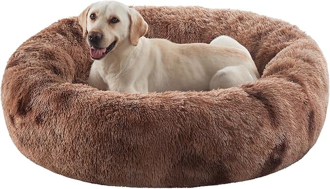 45 inches Donut Dog Bed for Extra Large Dogs,Calming Fluffy Round Jumbo Pet Bed with Removable & Washable Cover, Fits up to 150 lbs Pets (Tie-dye Brown,XL)