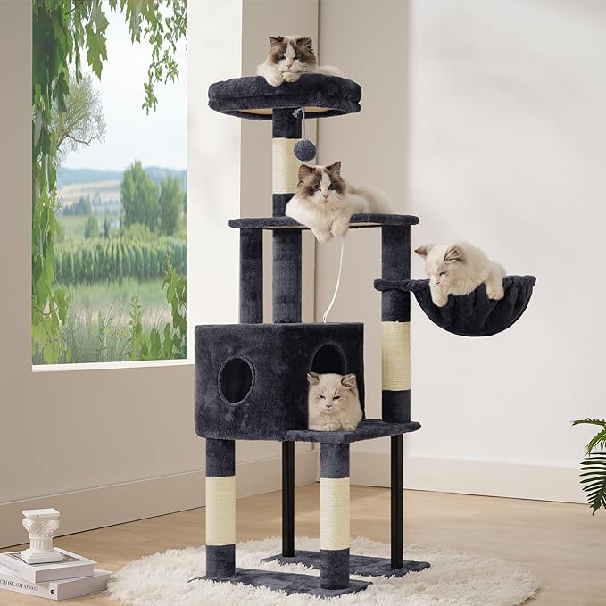 Heybly Cat Tree, 49.2 Inches Cat Tower for Indoor Cats, Spacious Cat House Condo with Hidden Space,Sturdy Steel Tube,Soft Plush Top Perch,Cozy Hammock and Sisal Scratching Posts, Smoky Gray HCT200SG