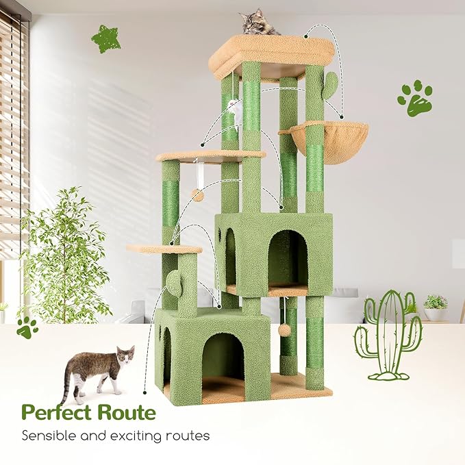 Globlazer Cactus Cat Tower for Indoor Cats, Heavy Duty Cat Trees for Large Cats Adult Big Cats Maine Coon Cat Tree Tower with Scratching Post, Extra Large Top Perch, Cat Condos, F61, Green, 61inch