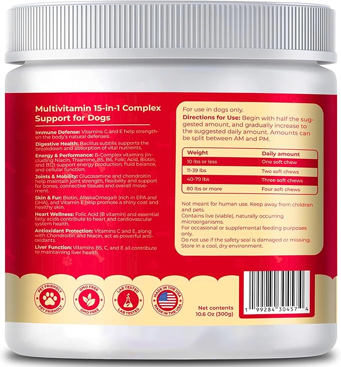 Dog Multivitamin, Chewable Dog Vitamins and Supplements for Hip & Joints, Skin & Coat, Omega 3 Oil for Dogs Immune, Heart & Digestive Health, Senior & Puppy Multivitamin - Chicken Flavor - 120ct